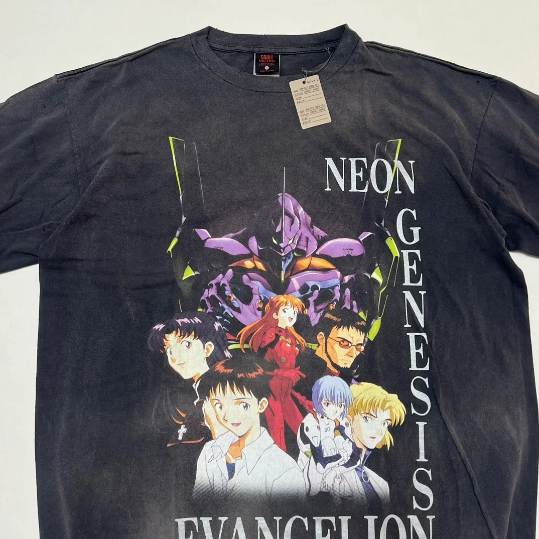 SAINT Mxxxxxx × EVANGELION NEON GNSIS TEE/BLK co-branded Neon Genesis Evangelion distressed short-sleeves, washed black S-XL, vintage NEW VINTAGE, top printing technology, garment dyeing, re-washed, distressed, correct co-branded main mark/washing mark